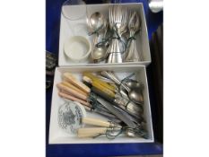 TWO SMALL BOXES OF SILVER PLATED AND BONE HANDLED FLATWARES TOGETHER WITH A BURGESS GENUINE