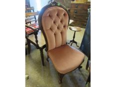 LATE 19TH CENTURY MAHOGANY NURSING CHAIR, UPHOLSTERED IN PINK BUTTON BACK
