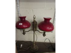 VICTORIAN GAS TWO-BRANCH OIL LAMP NOW CONVERTED TO ELECTRICITY, WITH RED SHADES