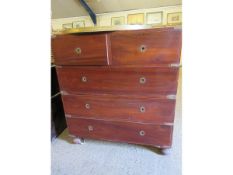 GOOD QUALITY TEAK FRAMED CAMPAIGN CHEST WITH TWO DRAWERS OVER THREE FULL WIDTH DRAWERS WITH INSET