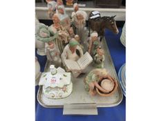 TRAY CONTAINING VARIOUS TERRACOTTA FIGURES, A COALPORT “THE GATEHOUSE” PASTEL BURNER AND A BROWN