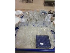 TWO TRAYS CONTAINING MIXED GLASS WARES TO INCLUDE WINE GLASSES, TUMBLERS, PORT GLASSES, DECANTER