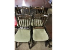 SET OF FOUR DARK BEECHWOOD STAINED SPINDLE BACK PUB TYPE CHAIRS WITH GREEN DRALON UPHOLSTERY