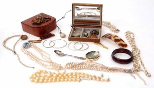 Box of costume jewellery to include faux pearls, brooches, miniature treen snuff box etc