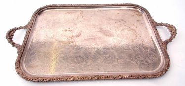 Mid-20th century electro-plated two-handled tea tray of rectangular form with applied floral and