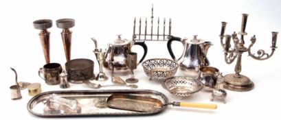 Mixed Lot: assorted tea and coffee pots, hot water pot, trumpet vases, toast rack, table epergne,