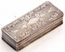 Late 19th century Continental silver snuff box of rectangular form, the ribbed body with foliate