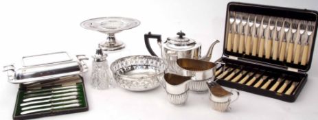 Mixed Lot: comprising electro-plated three-piece tea set, further milk jug, table baskets, serving