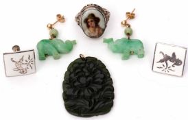 Mixed Lot: pair of Siamese enamel earrings, hand painted portrait porcelain ring, jadeite carved