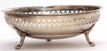 George VI shallow bowl with pierced gallery and raised on three cast and applied feet, diam 10.