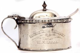 George V presentation engraved and lidded mustard of oval form with hinged and domed cover to a