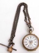 Late 19th/early 20th century Swiss base metal cased open face keyless fob watch, the chequered