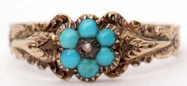 Antique turquoise and diamond ring, the small central rose cut diamond within a surround of 6