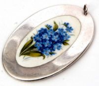 Large oval hallmarked silver pendant, the centre panel a hand painted design with a forget-me-not