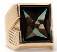 German retro signet ring set with a teal green coloured panel having a geometric design, shoulders