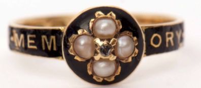 18ct gold Victorian diamond, pearl and black enamel mourning ring, the centre set with a small