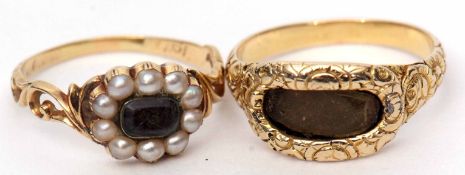 Mixed Lot: Victorian gold and seed pearl memorial ring, glazed hair plaited panel within a seed