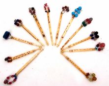 Mixed Lot: twelve various bone and glass lace bobbins, all with carved decoration and names