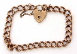 9ct gold curb link bracelet, heart padlock and safety chain fitting, 18.2gms gross weight