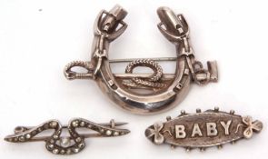 Mixed Lot: Victorian silver "baby" brooch, Birmingham 1891, a 925 marcasite and faux pearl ribbon