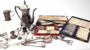 Mixed Lot: comprising electro-plated lidded mustard, assorted flatware and cutlery including cased