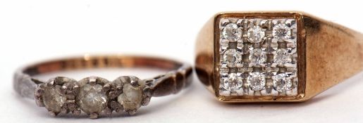 Mixed Lot: 9ct gold and paste set square panelled ring together with a 9ct stamped three-stone