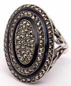 Art Deco style white metal enamel and marcasite large dress ring, oval shaped with two bands of blue