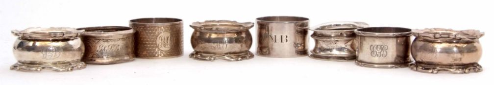 Mixed Lot: three matching napkin rings together with five further cylindrical examples, combined