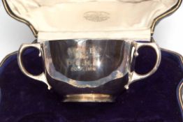 Victorian cased christening bowl of polished circular form with applied side handles and with