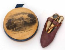 Mixed Lot: antique Mauchlin ware "Buckingham Palace" pin wheel pin cushion, together with a