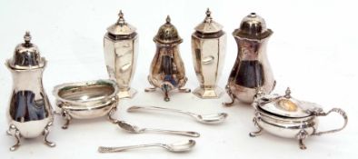 Mixed Lot: comprising two faceted pepper casters together with a baluster salt and pepper caster and