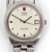 Late 20th century stainless steel quartz centre seconds calendar wrist watch, Omega "Electronic",
