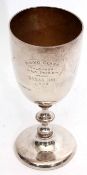 Victorian goblet formed presentation engraved trophy cup with knopped stem and raised on a spreading