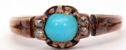 Antique turquoise and diamond ring, the circular shaped turquoise in a carved pierced scroll