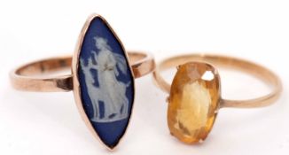 Mixed Lot: two yellow metal dress rings, one with a lozenge shaped Wedgwood panel, stamped 9ct,