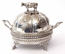 Late 19th century electro-plated butter dish of circular form with pierced and beaded gallery with