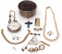 Mixed Lot: hallmarked silver trinket box (a/f), a pocket watch, silver gilt snake link chain etc