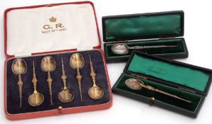 Mixed Lot: comprising a cased set of six commemorative tea spoons, each modelled as an anointing