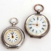 Mixed Lot: comprising two various Swiss silver cased open face key wind cylinder fob watches,