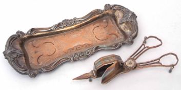 Mid-19th century silver on copper candle snuffer tray and snuffers, tray of waisted rectangular form