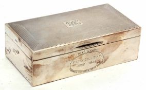 George VI presentation engraved table cigarette box of hinged rectangular form, the engine turned