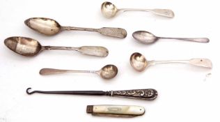 Mixed Lot: comprising six various spoons including tea, salt and coffee, together with a silver