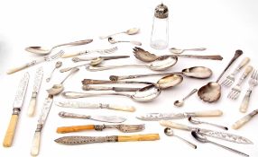 Mixed Lot: various flatware and cutlery together with a sugar caster (qty)