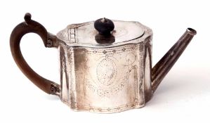 George IV bachelor's tea pot of serpentine oval form with hinged cover and engraved swag detail