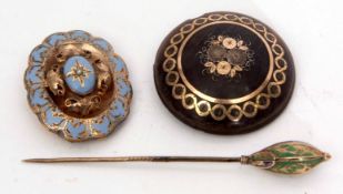 Mixed Lot: Victorian pique brooch of circular shield design, gold and silver inlaid, a Victorian