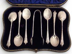 Cased set of six Victorian tea spoons with matching sugar tongs, Albany pattern, in a silk and