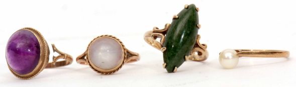 Mixed Lot: four 9ct stamped dress rings to include a marquise shaped jade ring, a cabochon
