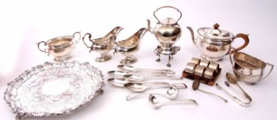 Mixed Lot: comprising tea kettle on stand, salver, gravy boats, tea pot and sugar basin, cased