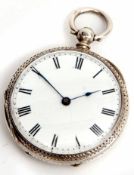 Late 19th century silver cased open face fob watch, the Swiss frosted and jewelled movement with