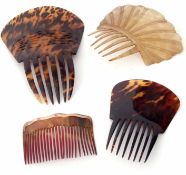 Four vintage hair slides, a 9ct gold framed example, two tortoiseshell examples and one horn (a/